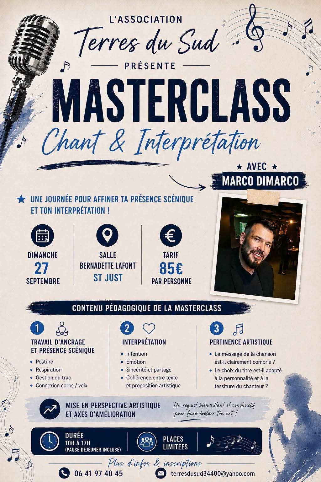 Affiche Masterclass Terres du Sud — Chant & Interprétation avec Marco Dimarco, dimanche 27 septembre, Salle Bernadette Lafont, St Just